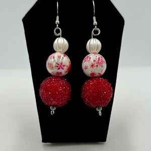 Homemade Elegant Red and White Beaded Earrings